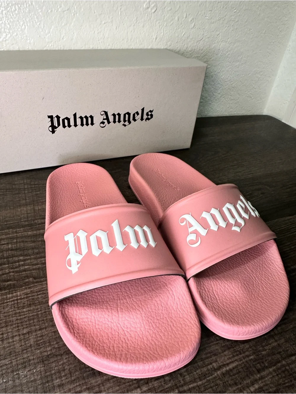 Palm Angels kids Pink Slide Sandals with White Logo